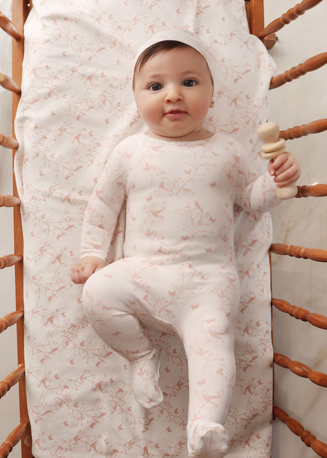 Printed Bird Footie - Pink