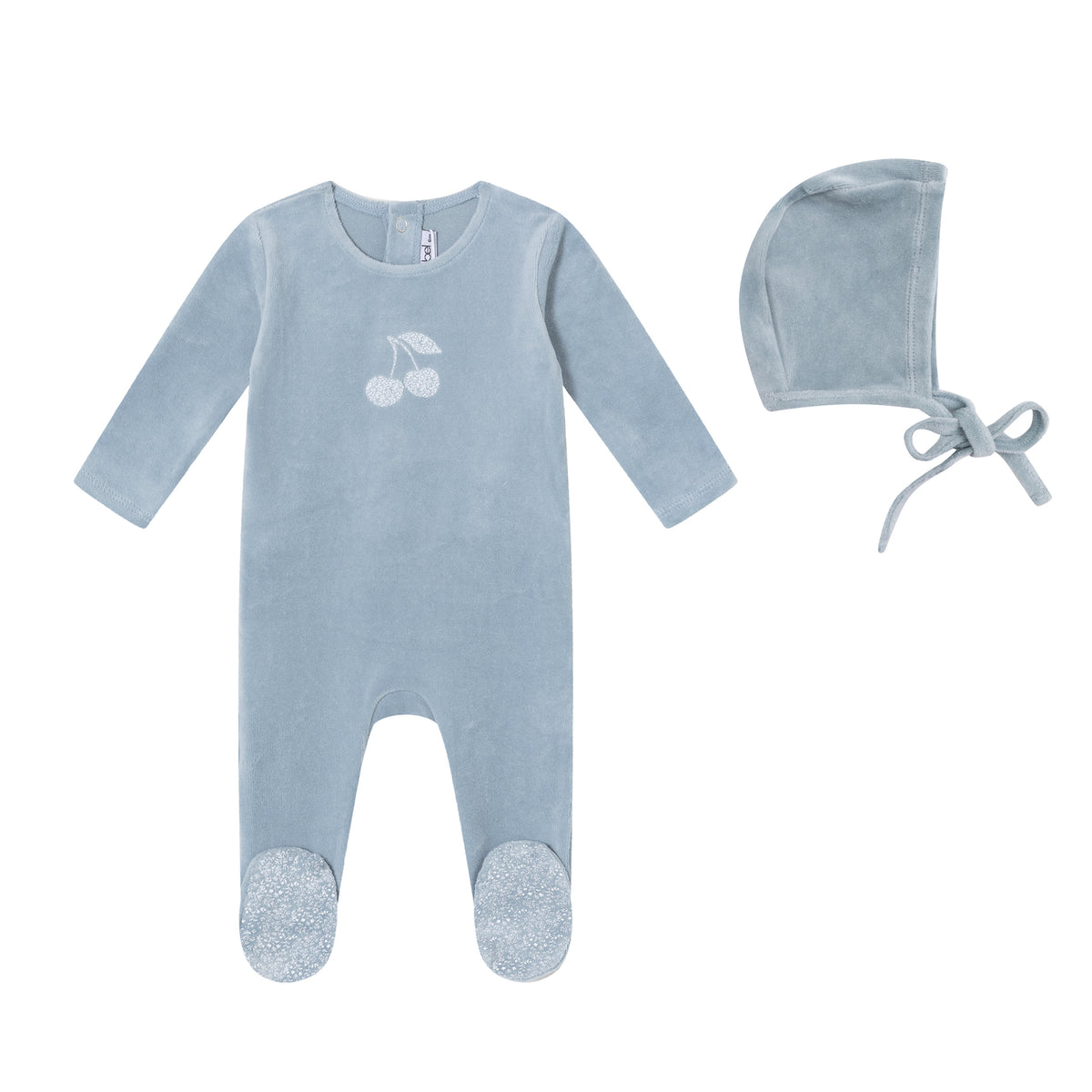 Blue Toile Printed Cherry Velour Footie and Bonnet - Boys
