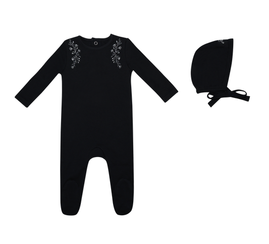 Floral Wreath Footie and Hat - Navy