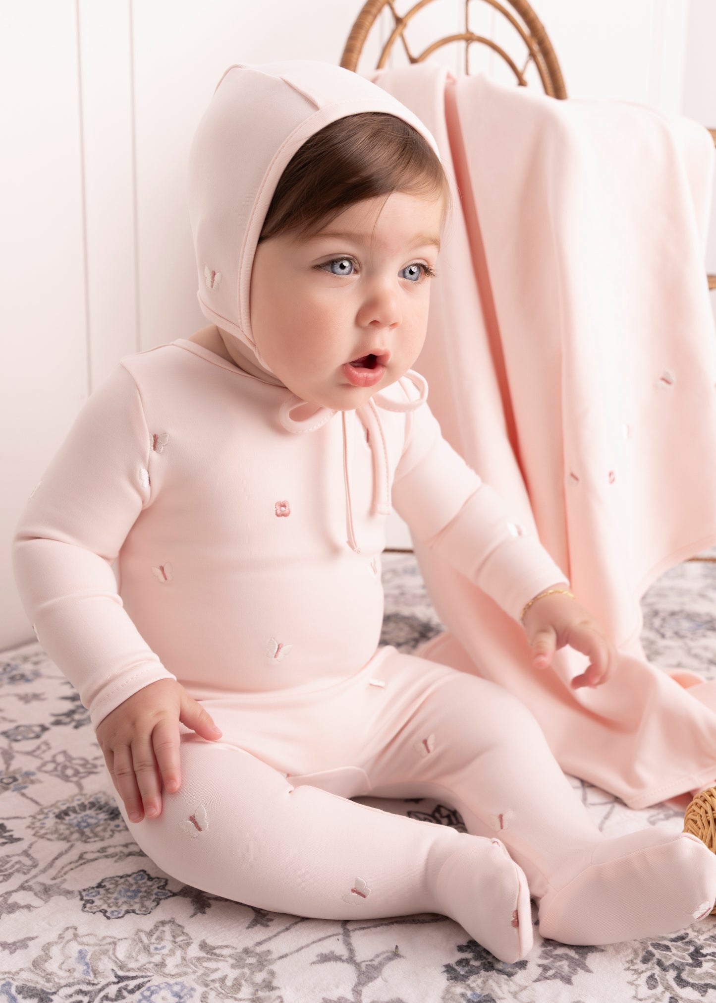 Girls Mini Embroidered Butterfly Footie and Hat