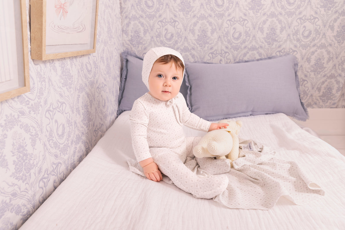 White Geometrical Printed Footie and Bonnet - Boys