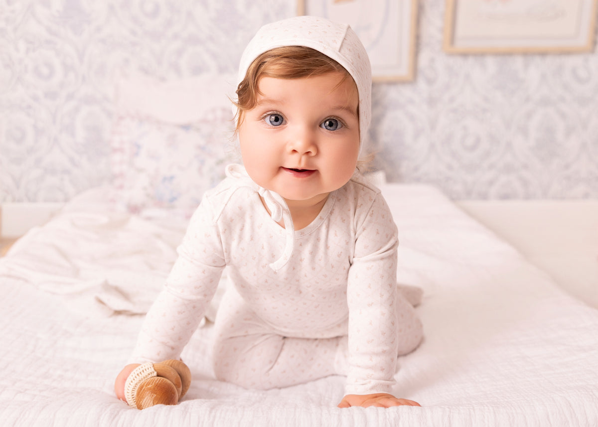 White Geometrical Printed Footie and Bonnet - Girls