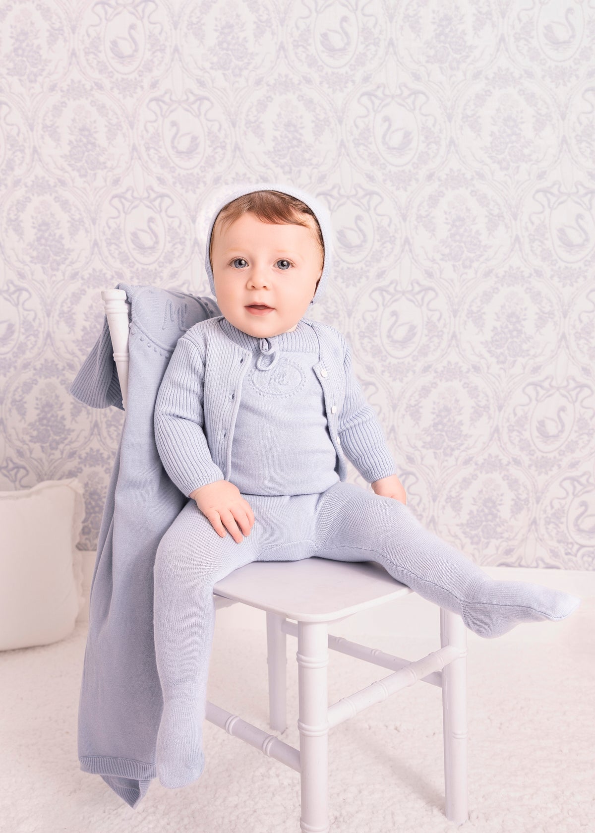 Blue Embossed Emblem knit Footie and Bonnet -Boys