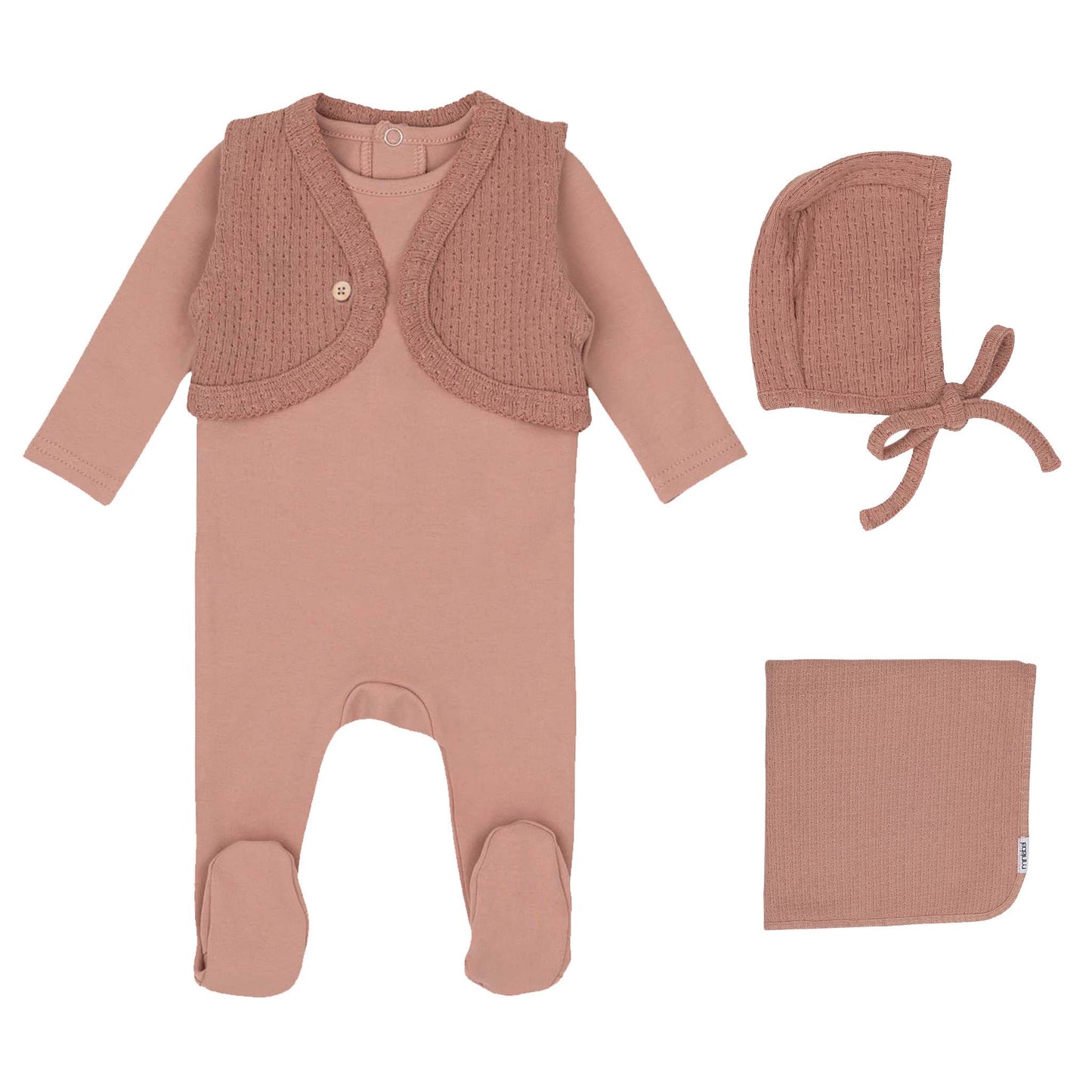 Rose Pink Knit Vest Footie, Hat, and Blanket