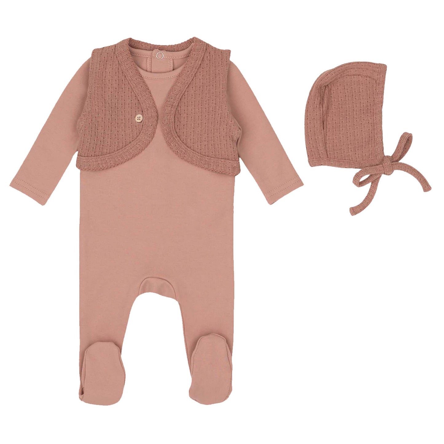 Rose Pink Knit Vest Footie and Bonnet
