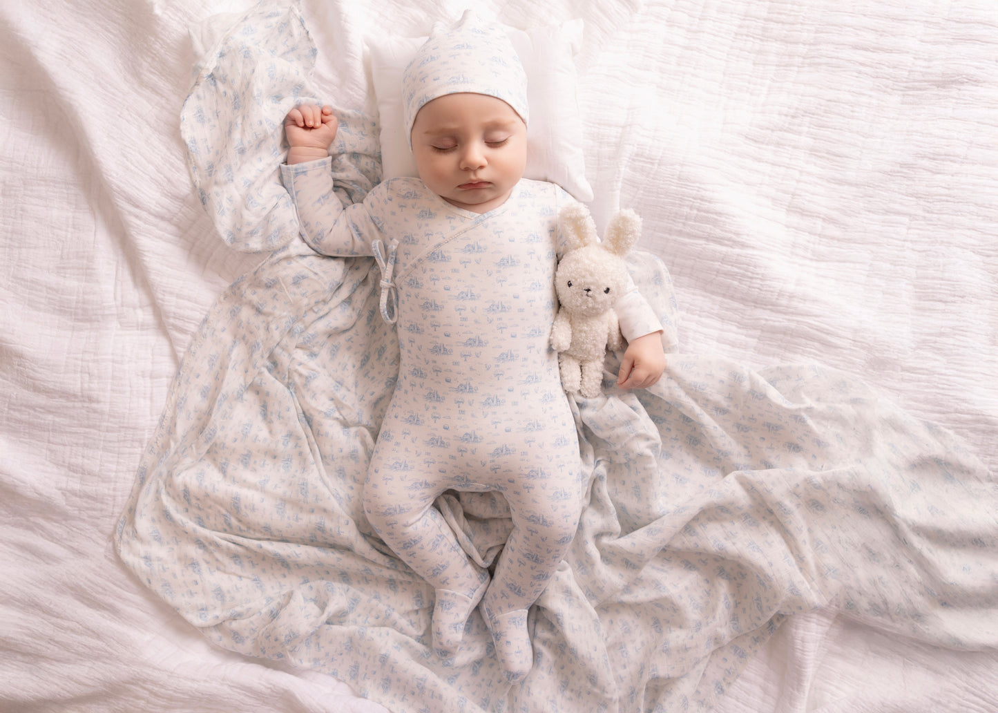 Farmhouse Print Footie and Hat - Blue