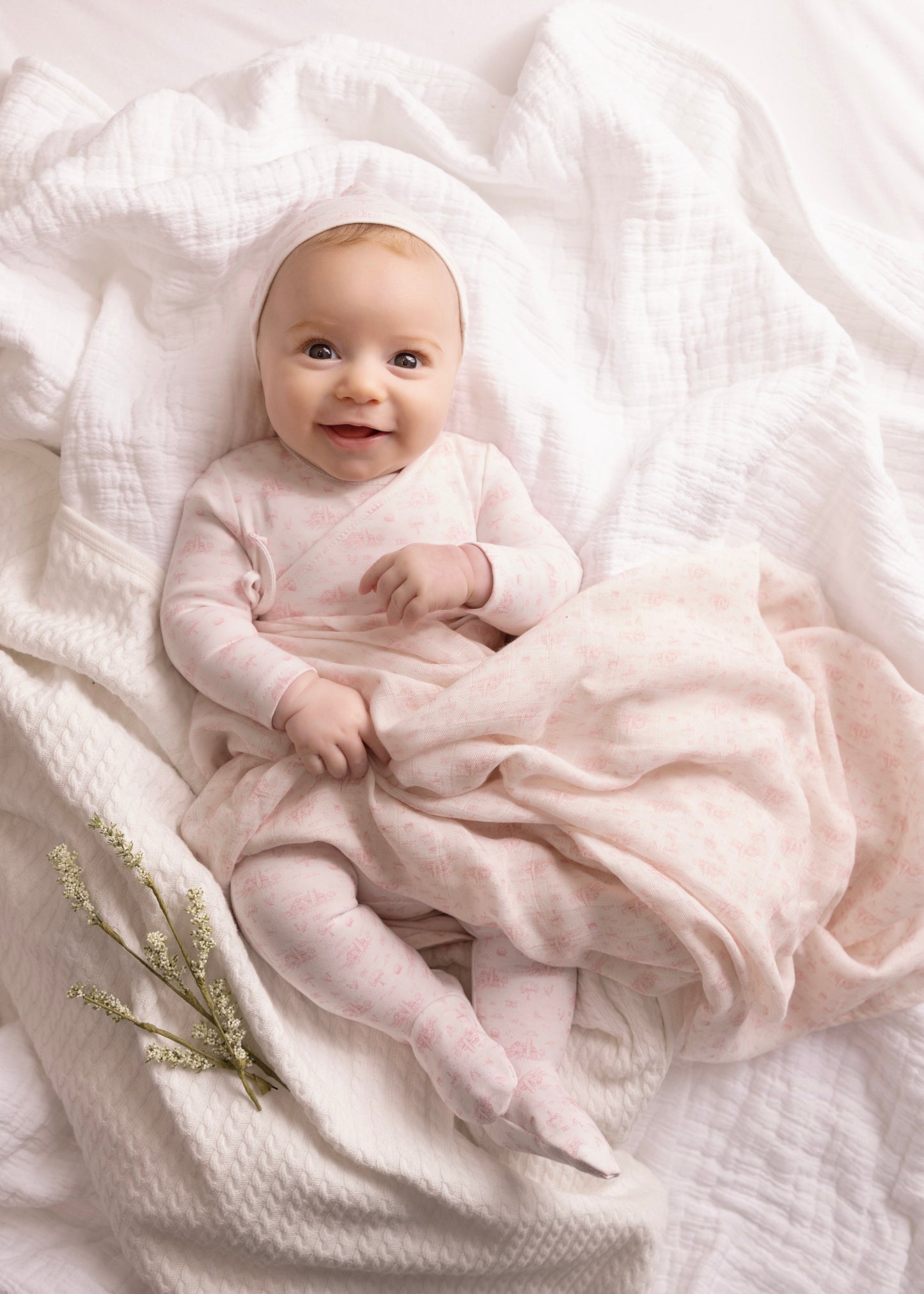 Farmhouse Print Footie and Hat - Pink