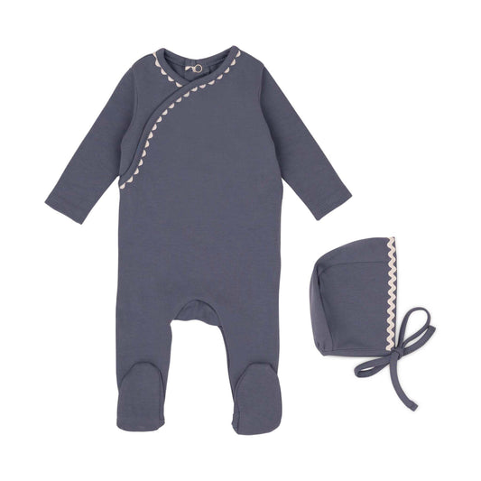 Classic Ric Rac Footie and Hat-White on Blue