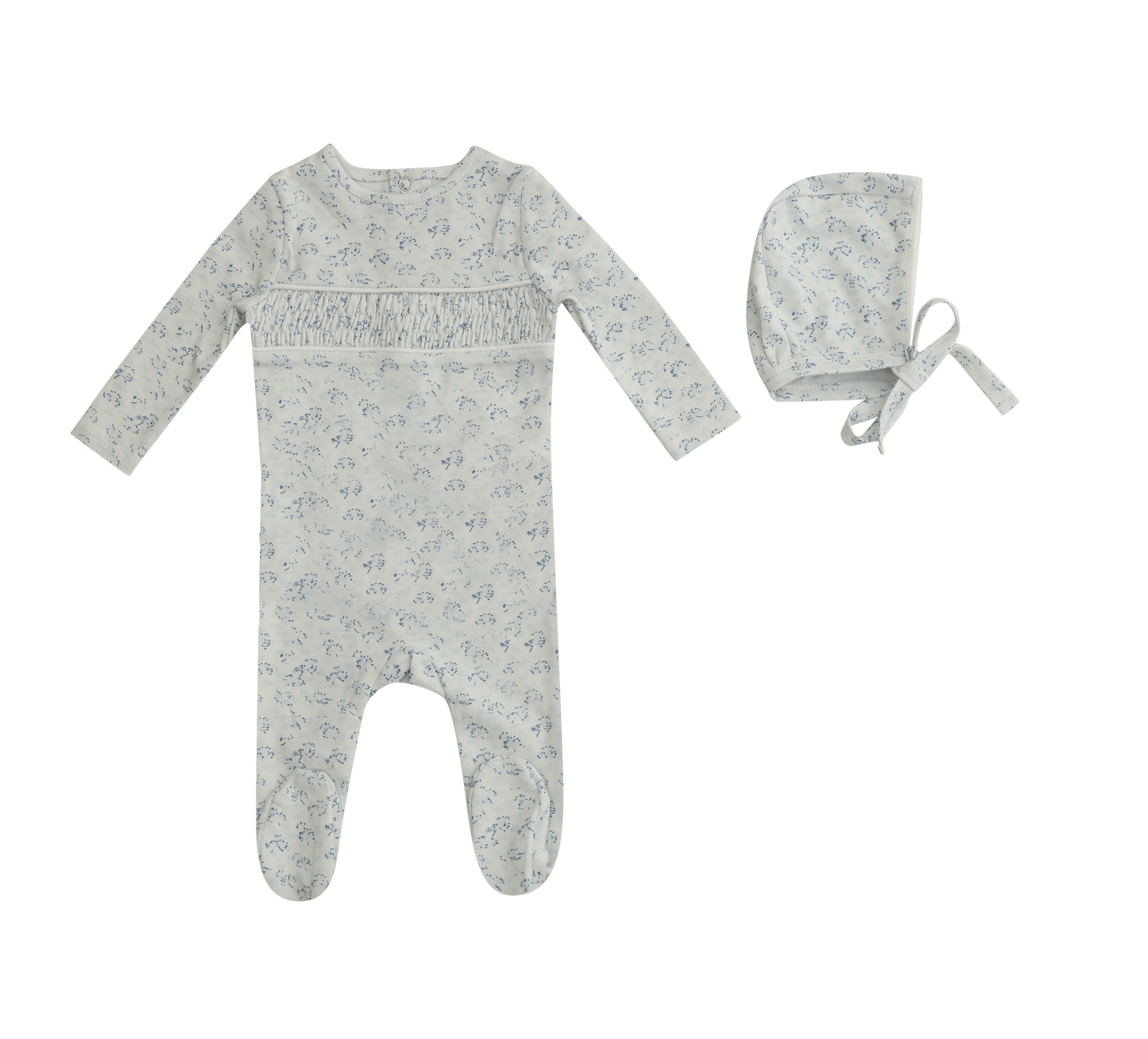 Smocked Floral Footie and Hat - Blue