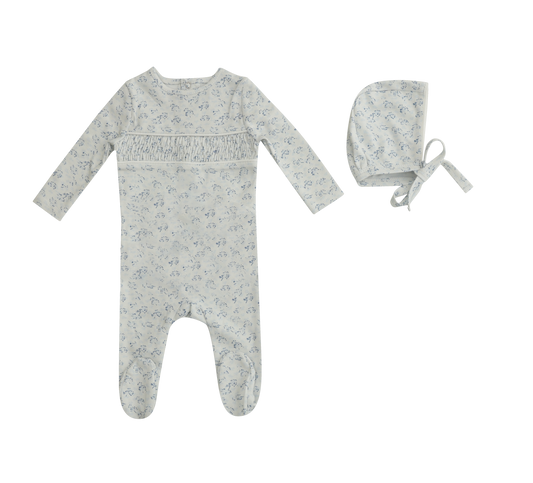 Smocked Floral Footie and Hat - Blue