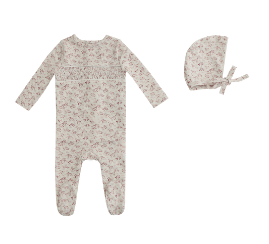 Smocked Floral Footie and Hat - Pink