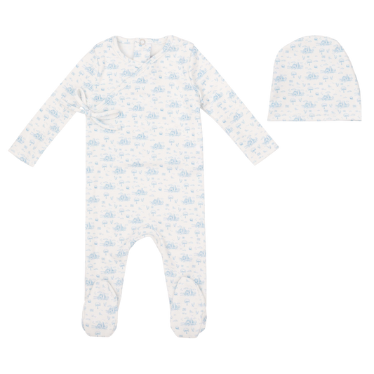 Farmhouse Print Footie and Hat - Blue