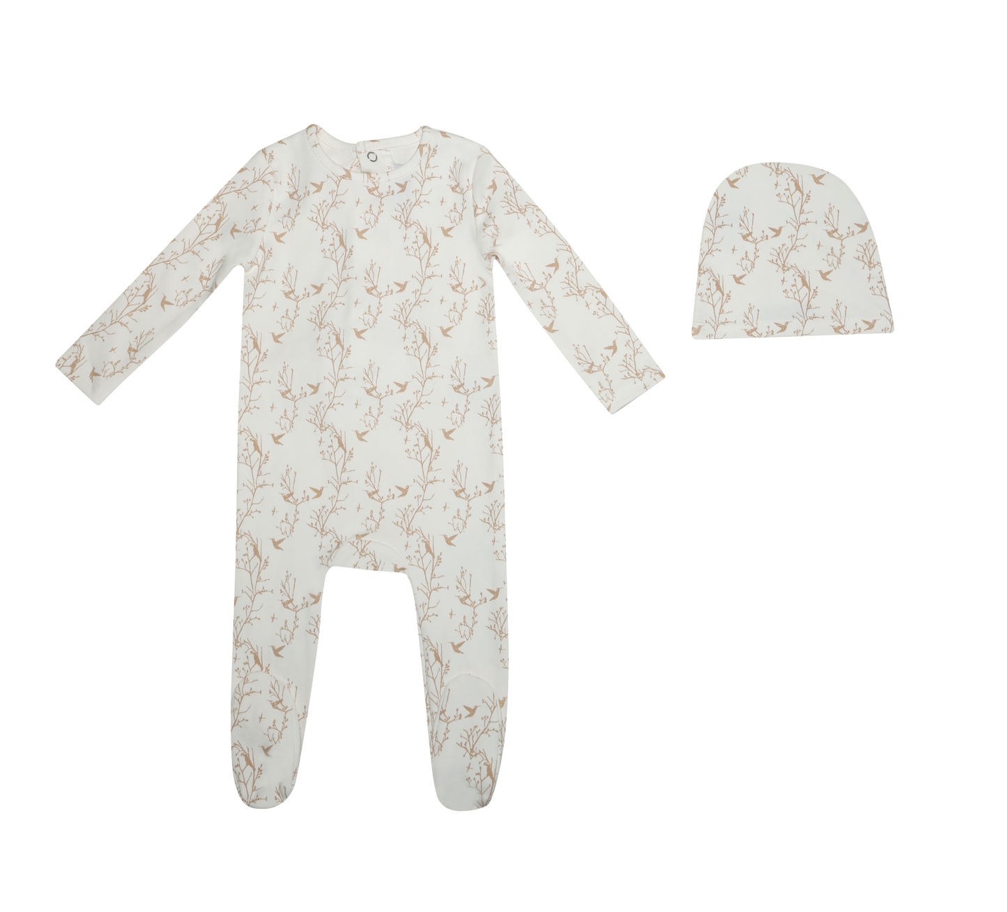 Printed Bird Footie and Hat - Biege