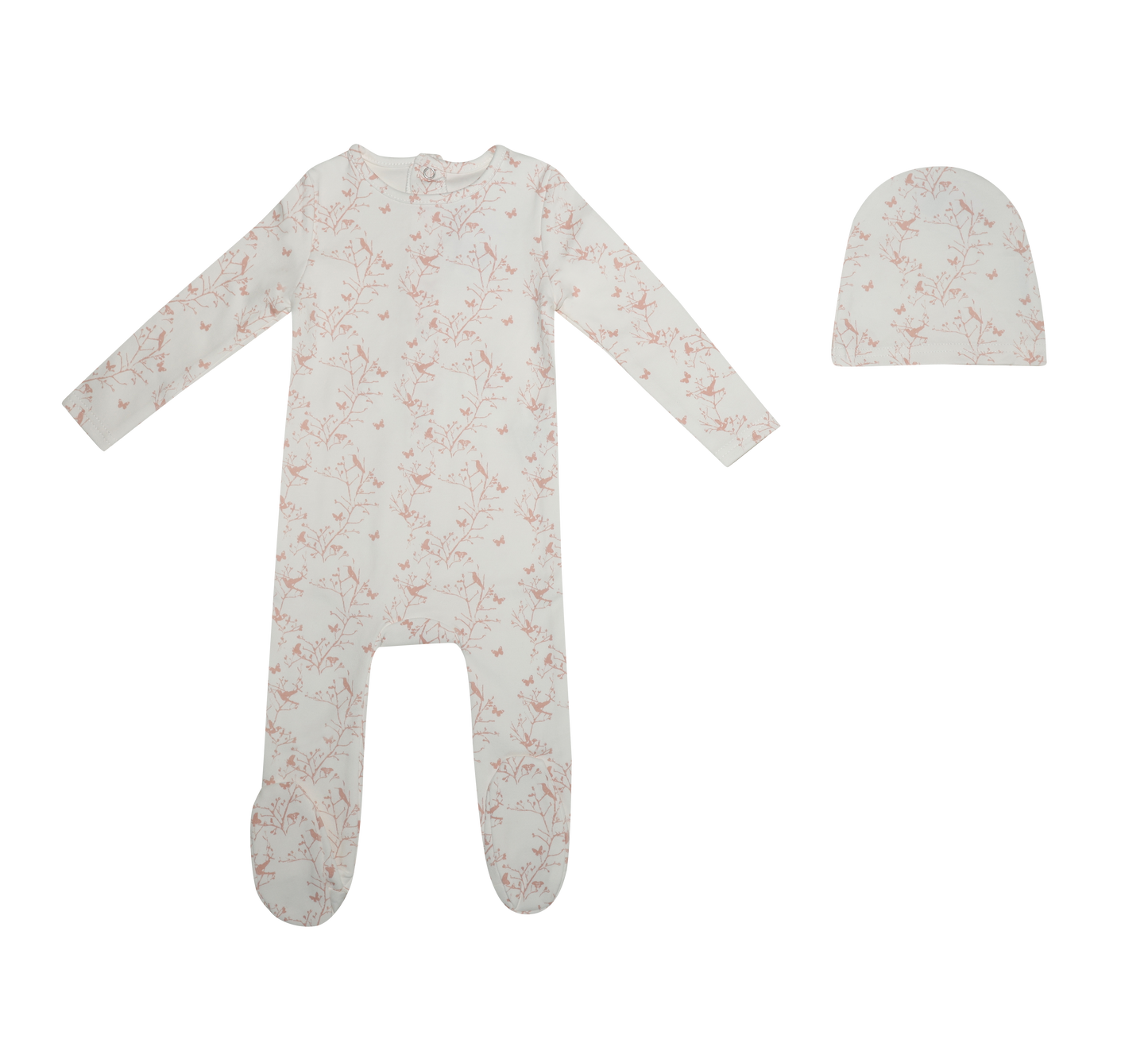 Printed Bird Footie and Hat - Pink