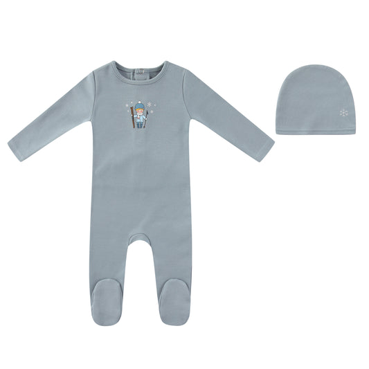 Blue Vintage Skier Footie and Hat- Boys