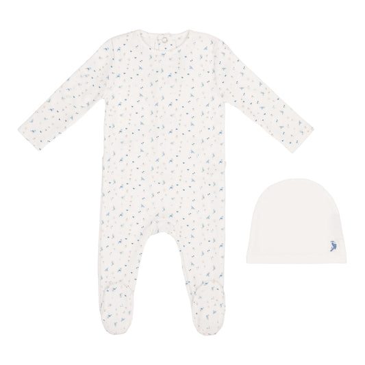 White Bird Over Print Footie and Hat-Boys