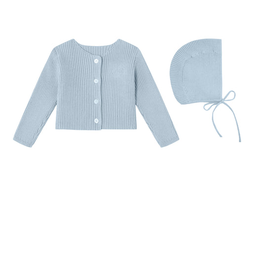 Blue Embossed Emblem knit Cardigan and Bonnet -Boys