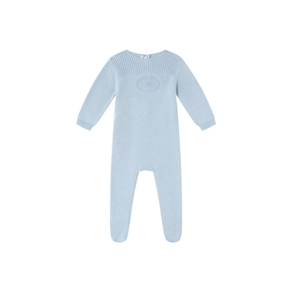 Blue Embossed Emblem knit Footie and Bonnet -Boys