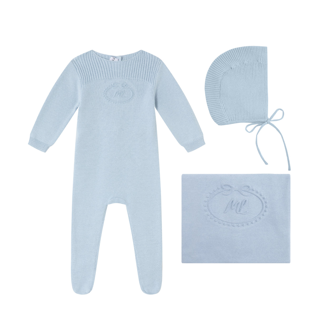 Blue Embossed Emblem knit Footie, Bonnet and Blanket -Boys