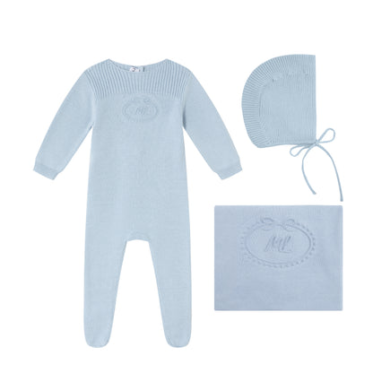 Blue Embossed Emblem knit Footie, Bonnet and Blanket -Boys