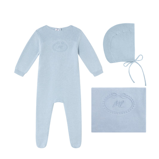 Blue Embossed Emblem knit Footie, Bonnet and Blanket -Boys