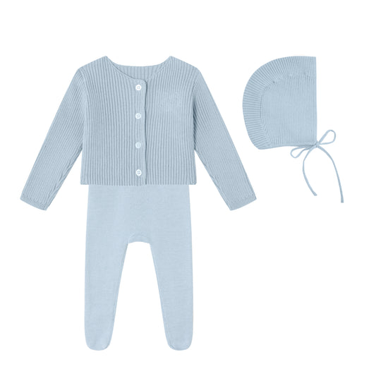 Blue Embossed Emblem knit Footie, Bonnet and Cardigan-Boys