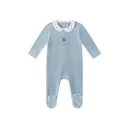 Blue Floral Collared Velour Footie - Boys
