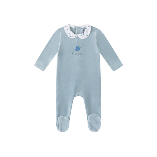 Blue Floral Collared Velour Footie - Boys