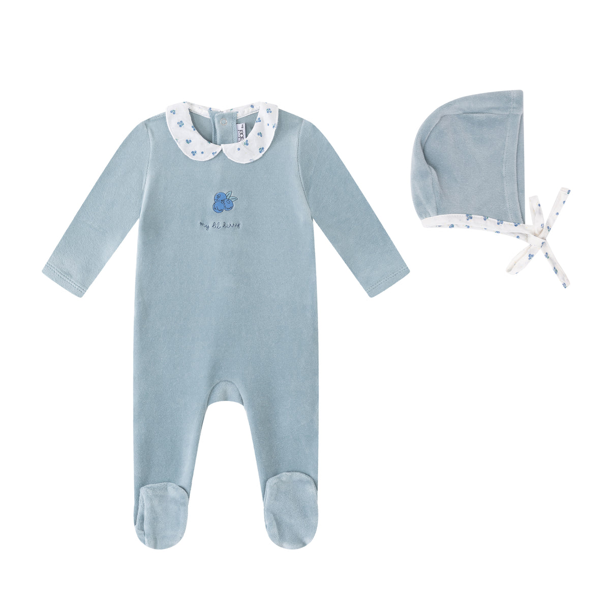 Blue Floral Collared Velour Footie and Bonnet - Boys