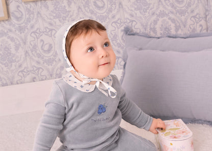 Blue Floral Collared Velour Footie and Bonnet - Boys