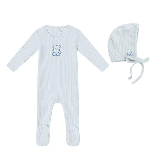 Blue Pointelle Bear Footie and Hat - Boys