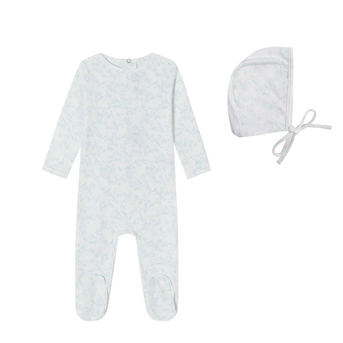 Blue Bird Toile Print Footie and Bonnet - Boys