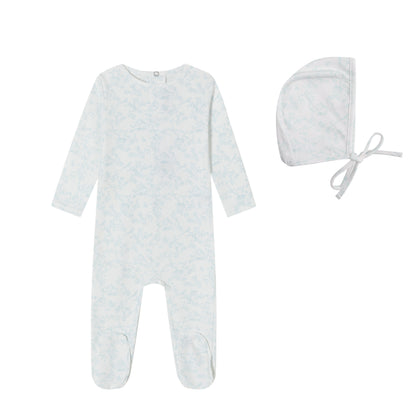 Blue Bird Toile Print Footie and Bonnet - Boys