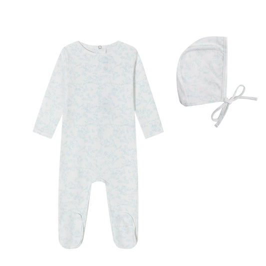 Blue Bird Toile Print Footie and Bonnet - Boys