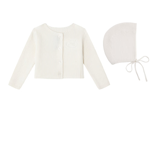 Cream Embossed Emblem knit Cardigan and Bonnet