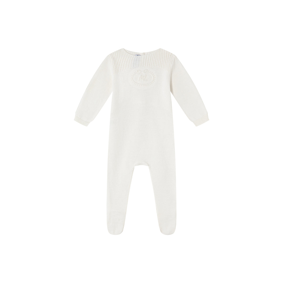 Cream Embossed Emblem knit Footie, Bonnet, and Cardigan