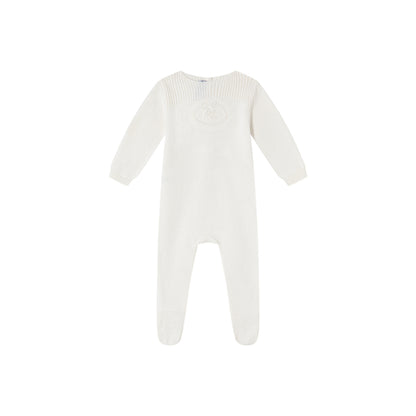 Cream Embossed Emblem knit Footie, Bonnet, and Cardigan