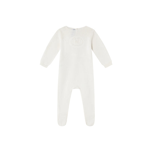Cream Embossed Emblem knit Footie, Bonnet, and Cardigan