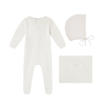 Cream Embossed Emblem knit Footie, Bonnet and Blanket