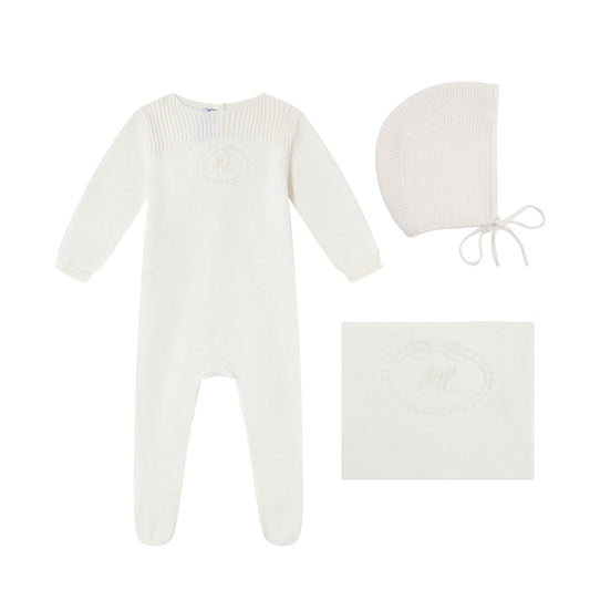 Cream Embossed Emblem knit Footie, Bonnet and Blanket