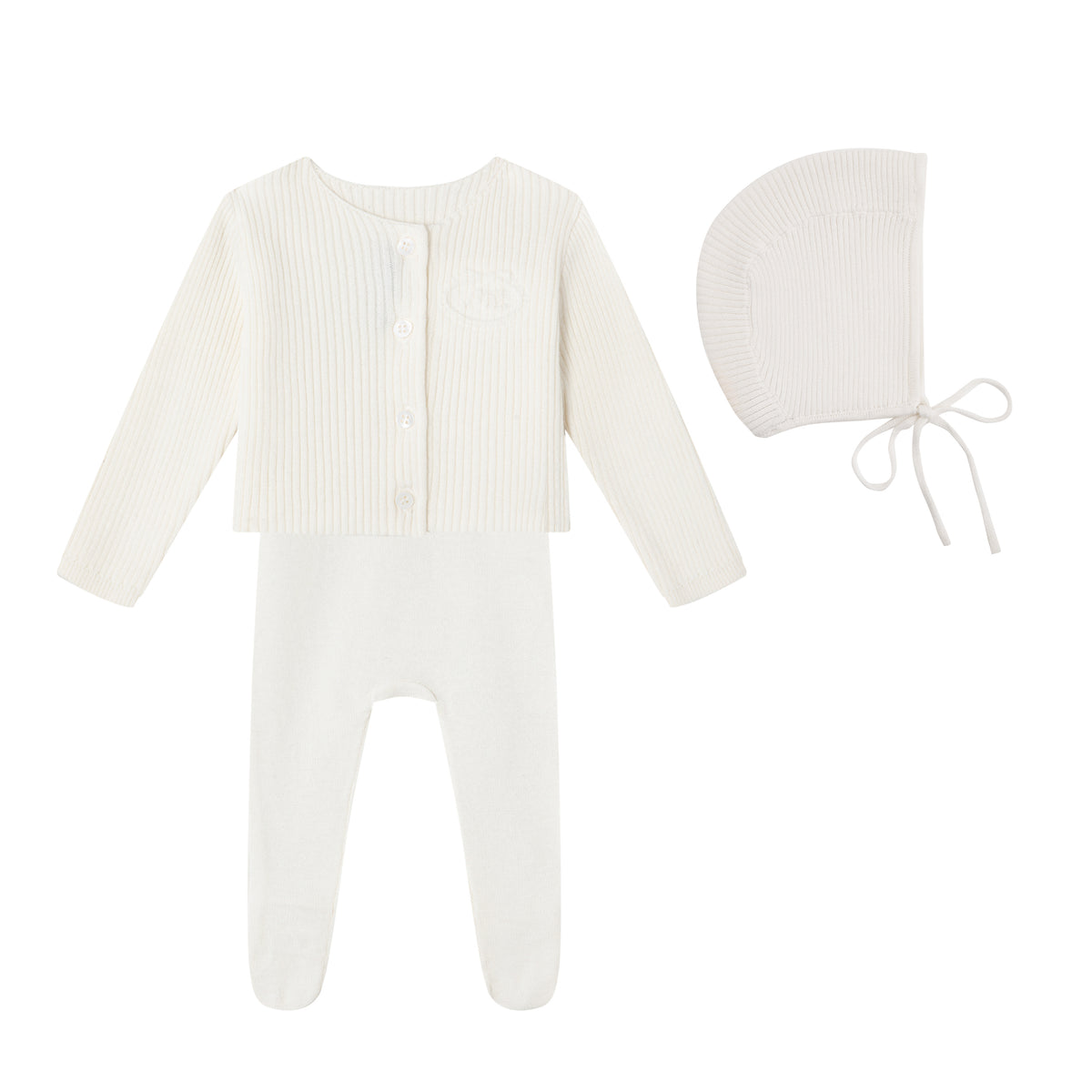 Cream Embossed Emblem knit Footie, Bonnet, Cardigan and Blanket