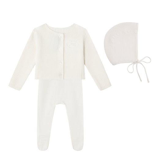 Cream Embossed Emblem knit Footie, Bonnet, Cardigan and Blanket