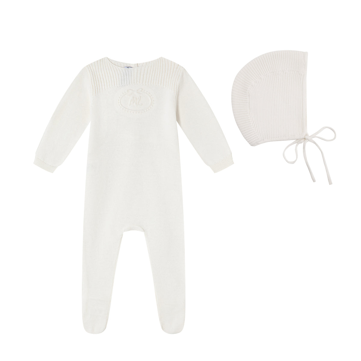 Cream Embossed Emblem knit Footie and Bonnet