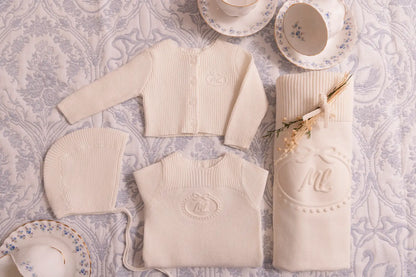 Cream Embossed Emblem knit Cardigan and Bonnet