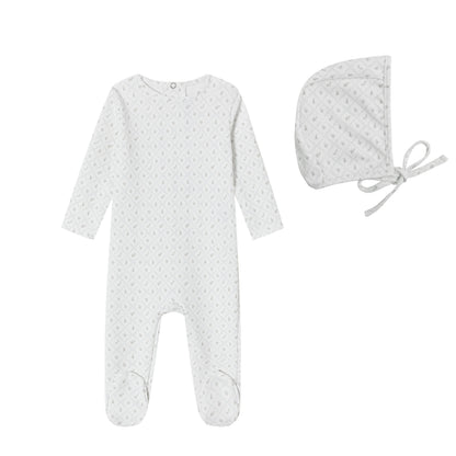 White Geometrical Printed Footie and Bonnet - Boys