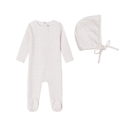 White Geometrical Printed Footie and Bonnet - Girls
