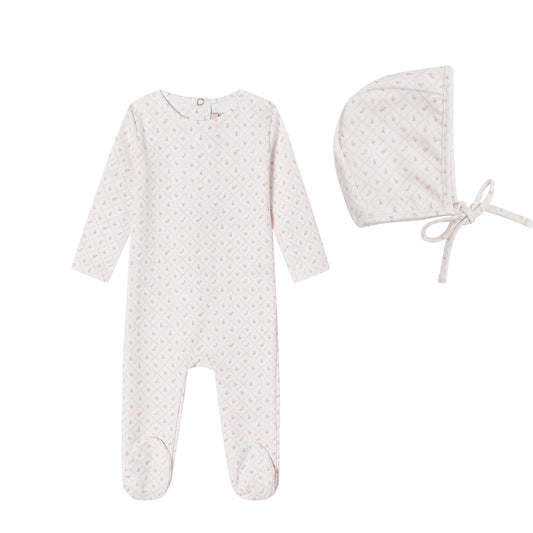 White Geometrical Printed Footie and Bonnet - Girls
