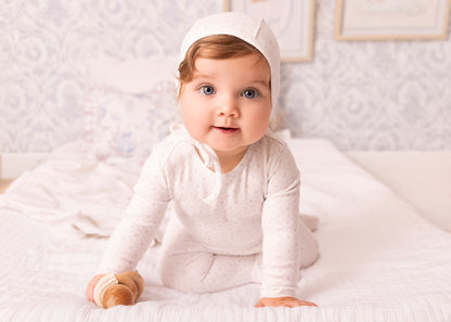 White Geometrical Printed Footie and Bonnet - Girls