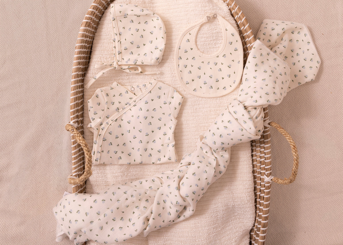 Cream Hydrangea Printed Kimono Footie and Bonnet - Boys