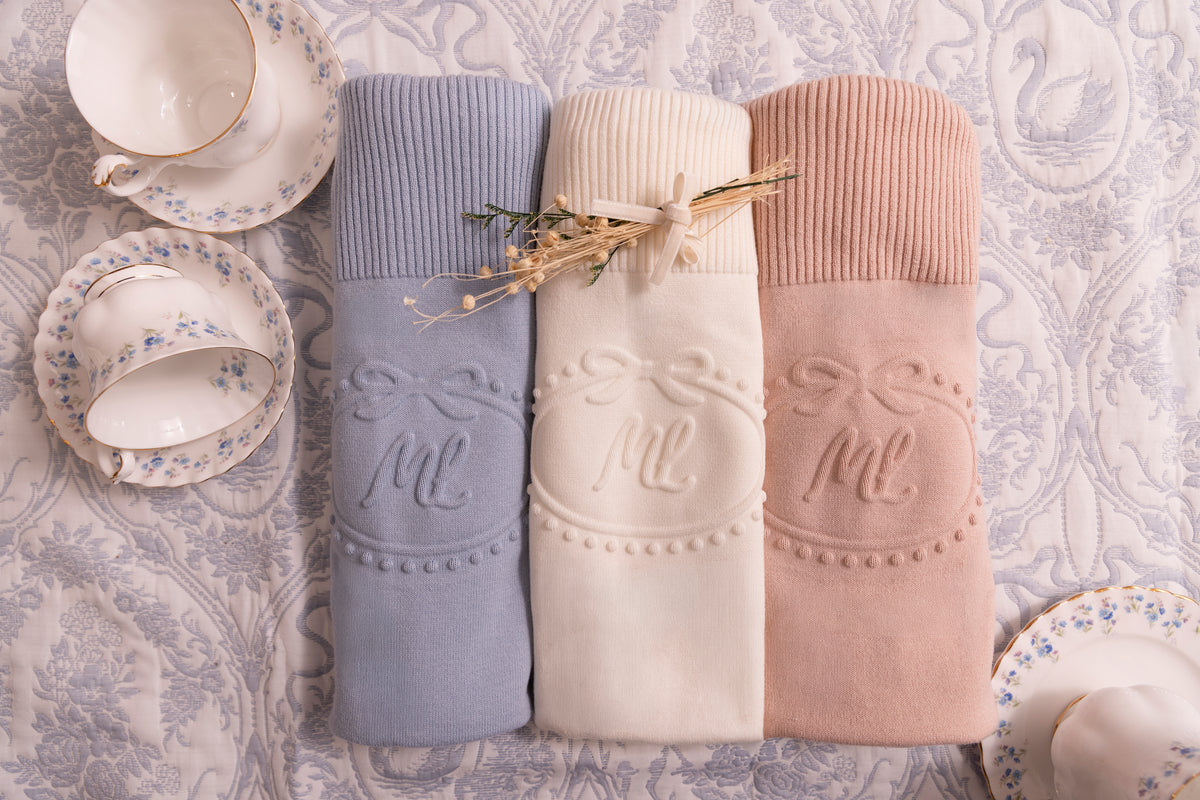 Blue Embossed Emblem knit Footie, Bonnet and Blanket -Boys